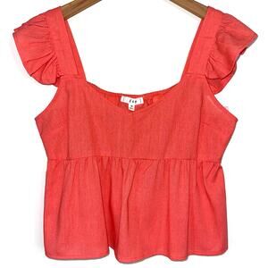 E&M Coral Orange Ruffle Sleeve Cotton Linen Peplum Top Size Medium